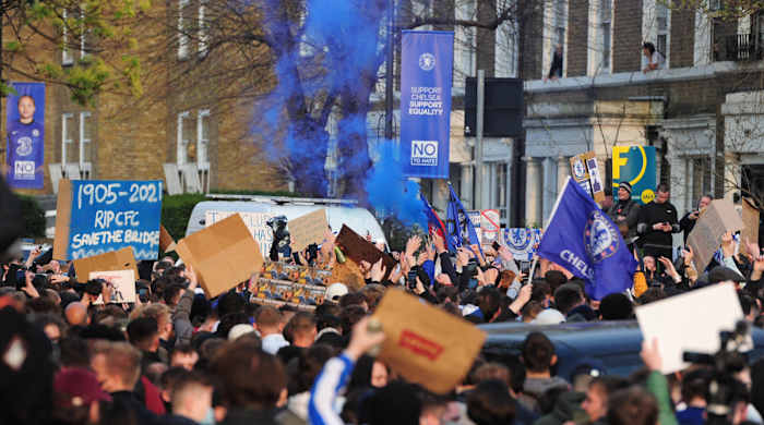 Chelsea fans protest the Super League in 2021